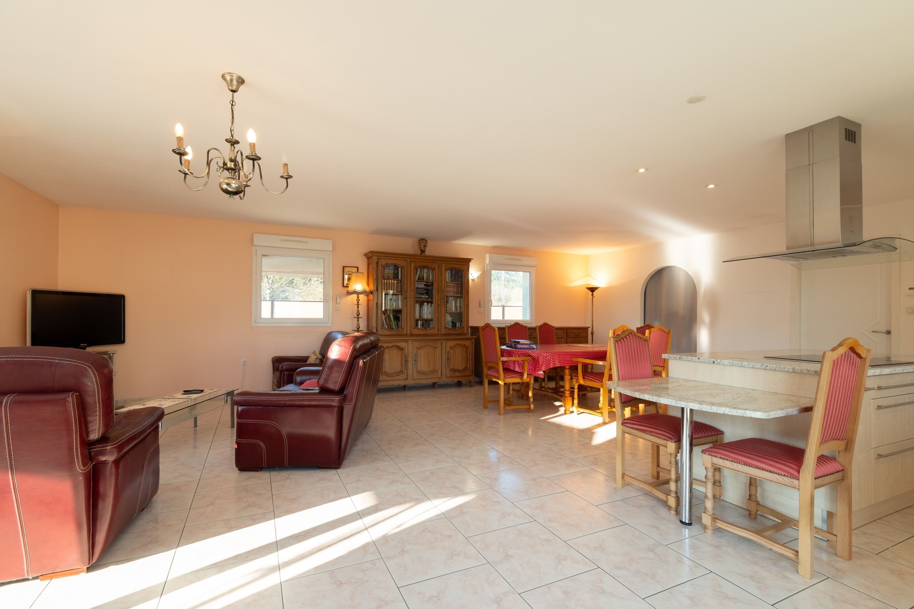 A spacious living area with a television, leather sofas, a dining table with chairs, and a kitchen area.
