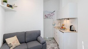 A compact living space with a grey sofa, a small kitchen area with a kettle and fruit bowl, and a wall-mounted shelf with a plant. - Sunny Palace Studio 2 (Dubrovnik)