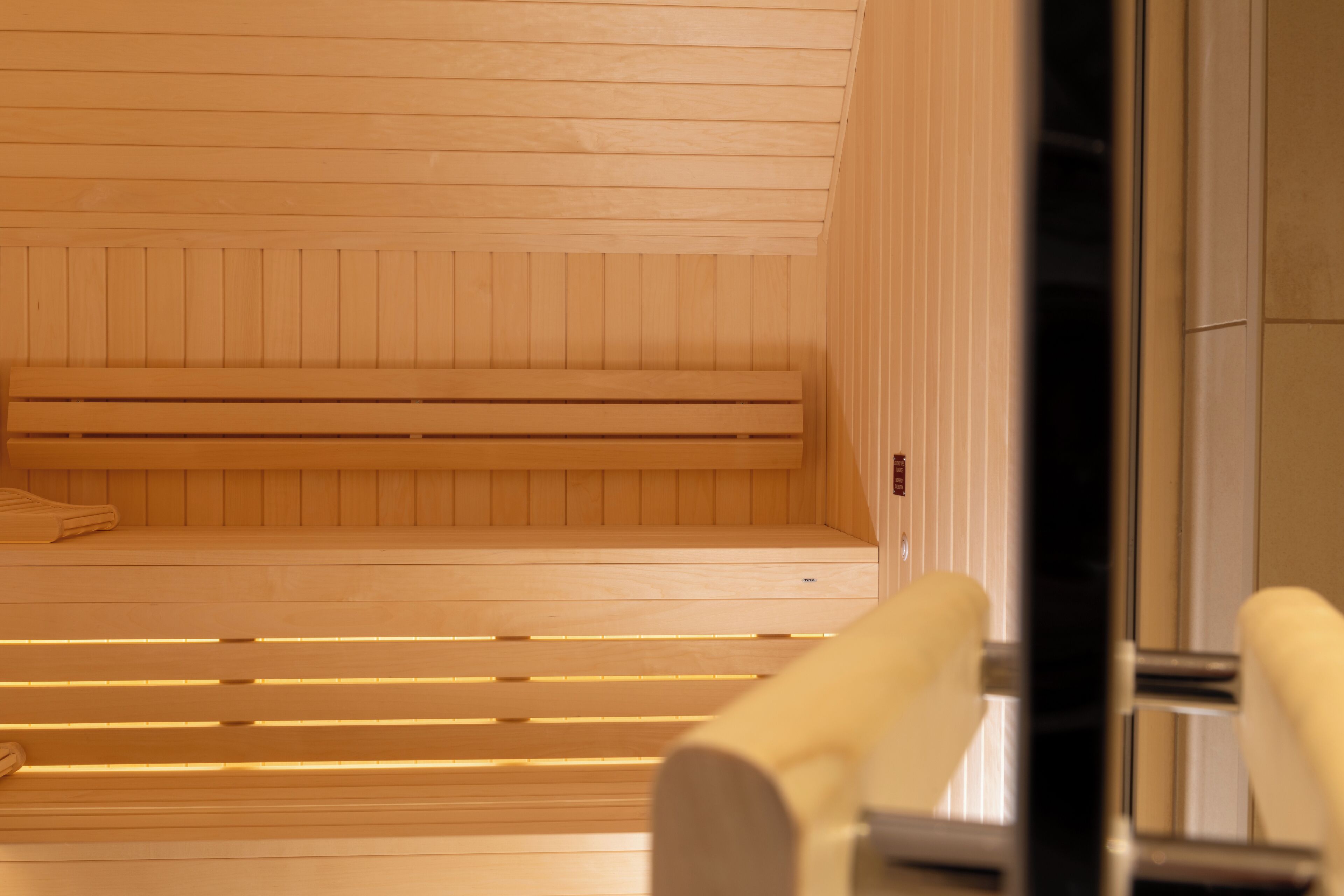Un sauna avec des bancs en bois et une porte en verre.
