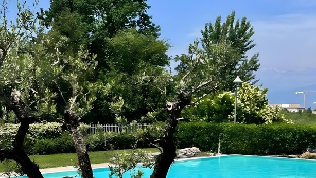 A clear blue pool surrounded by lush greenery and trees. - Apartment "Betty's House" with Pool, Wi-Fi, and Air Conditioning (Cavalcaselle)
