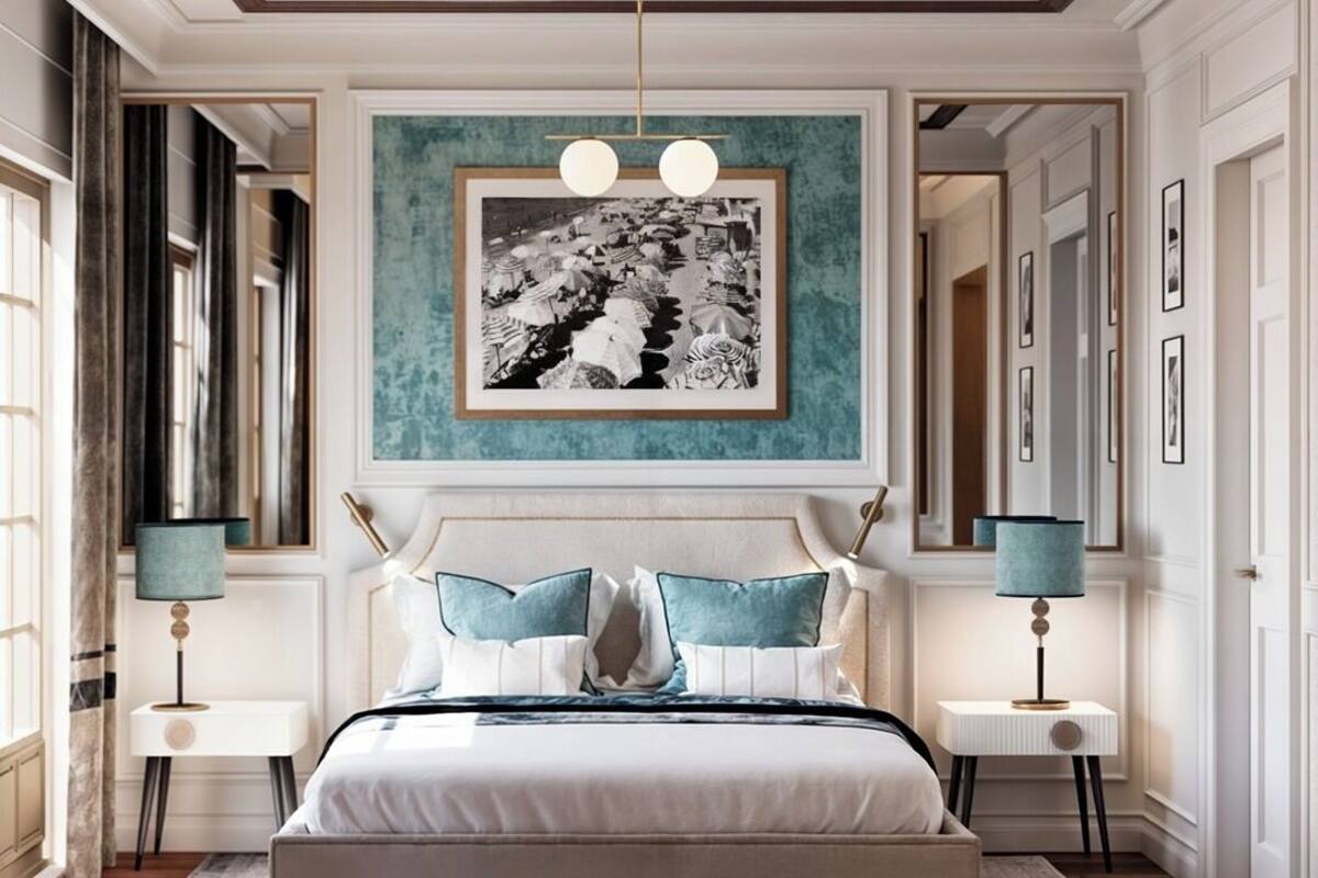 Een slaapkamer met een groot bed, twee nachtkastjes, een plafondlamp en een ingelijst kunstwerk aan de muur.