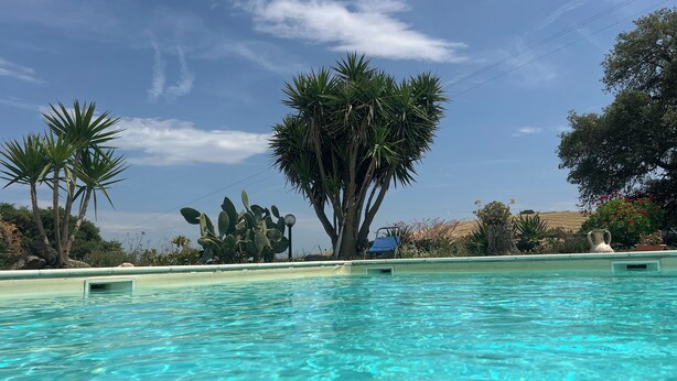 Piscina limpida con vista sulla vegetazione circostante e cielo sereno.