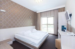 A hotel room with a bed, a desk with a computer, a TV, and a window with curtains. - Albert Hotel & Restaurant (Ploiești)
