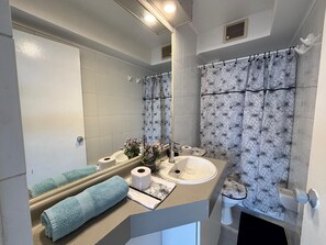 Ein Badezimmer mit Waschbecken, Spiegel, Toilette und Duschvorhang.