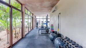 Une salle de sport équipée de matériel d’exercice, dotée de grandes fenêtres et offrant une vue sur la verdure environnante.