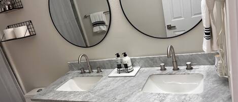 Hair dryer, towels, soap, shampoo