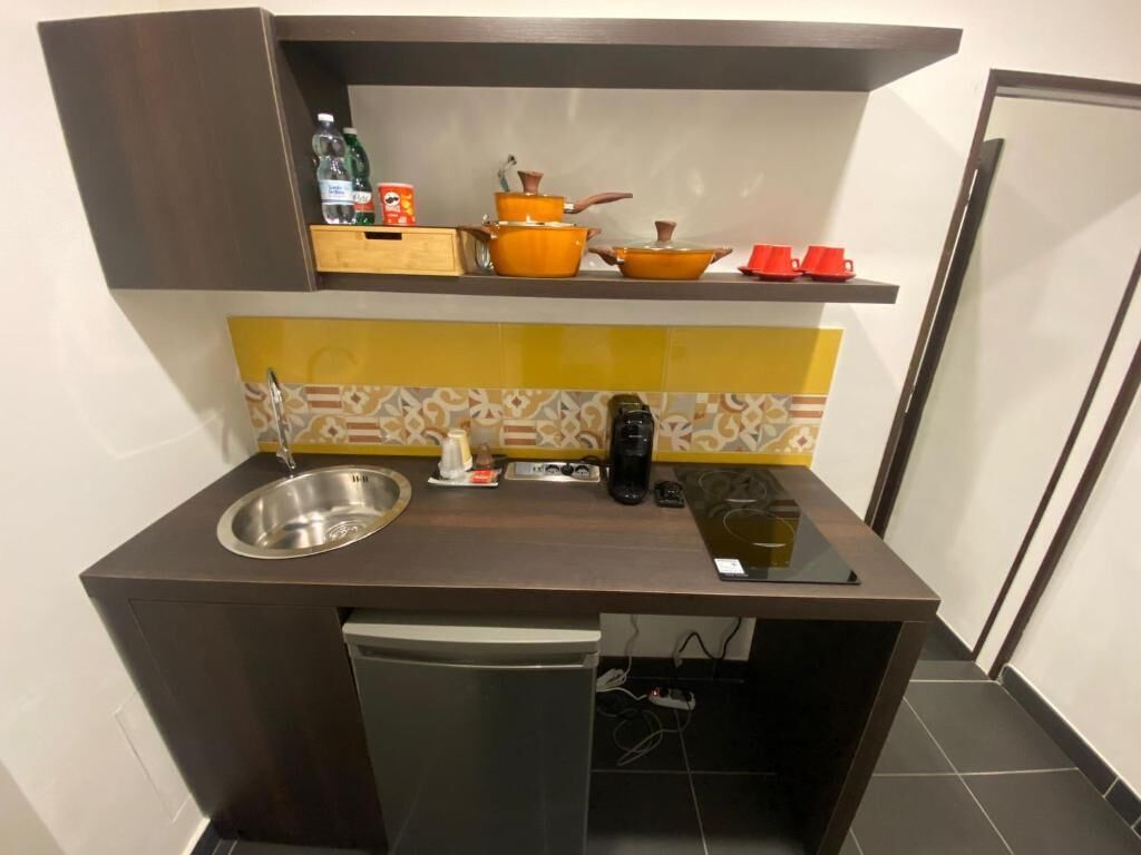 Eine kompakte Küche mit Spüle, Geschirrspüler, einer Arbeitsplatte mit Wasserkocher, Kaffeemaschine und einem kleinen Regal mit Geschirr.