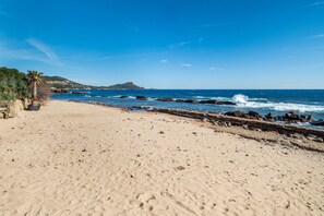 Una playa con costa rocosa, una palmera y una colina distante.