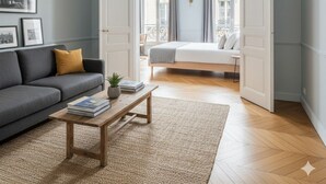 A modern living room with a grey sofa, a wooden coffee table, and a view of a bedroom with a bed and a balcony. - Beautiful place to live (Redhill)
