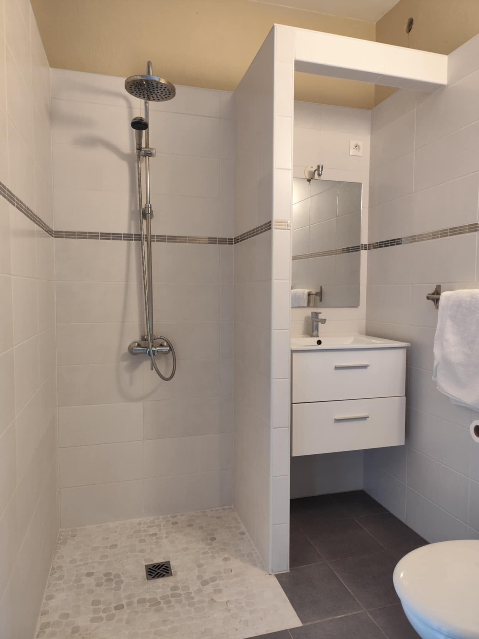 Ein Badezimmer mit Dusche, Waschbecken und Toilette.