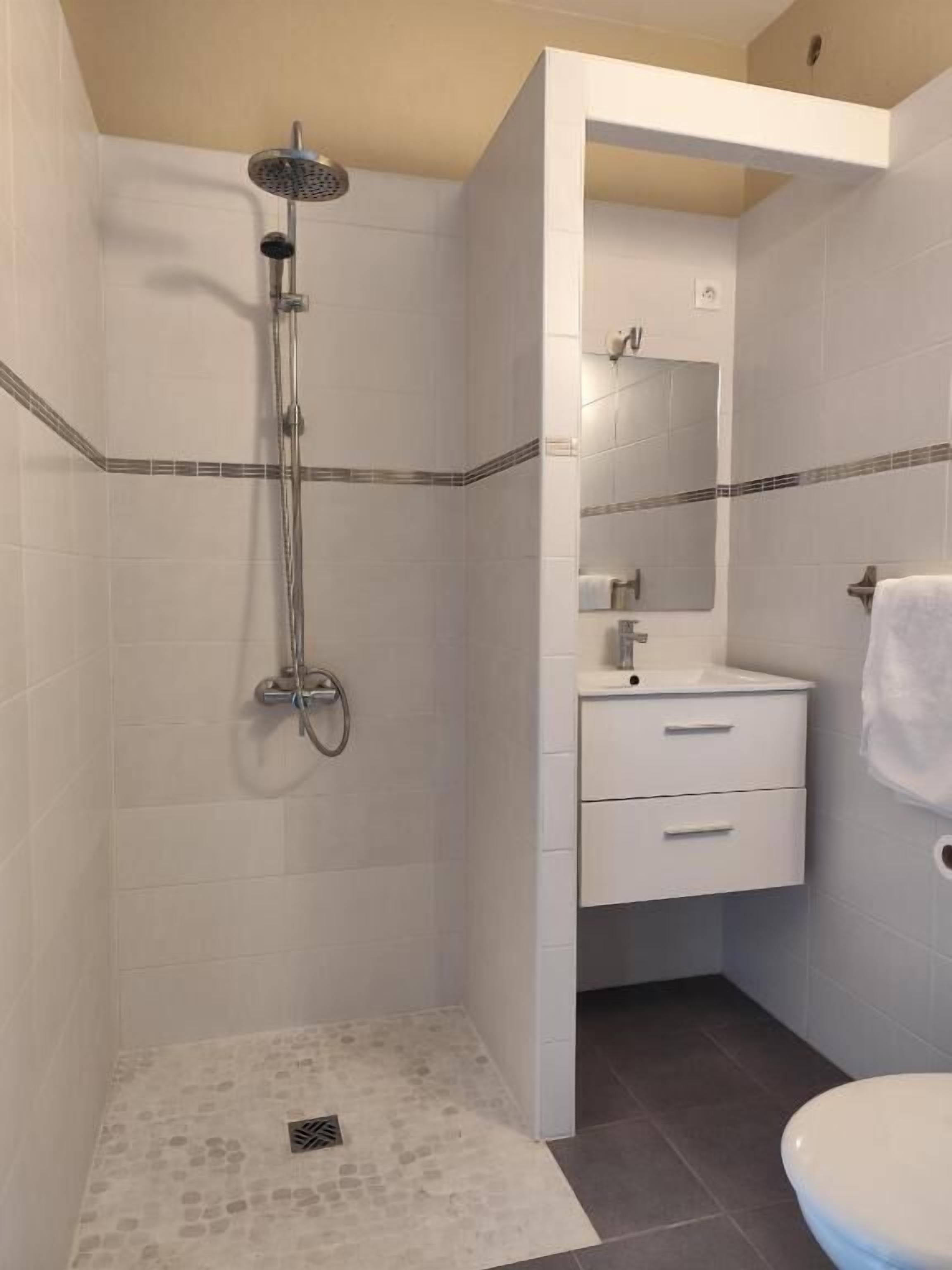 A bathroom with a shower, a sink, and a toilet.