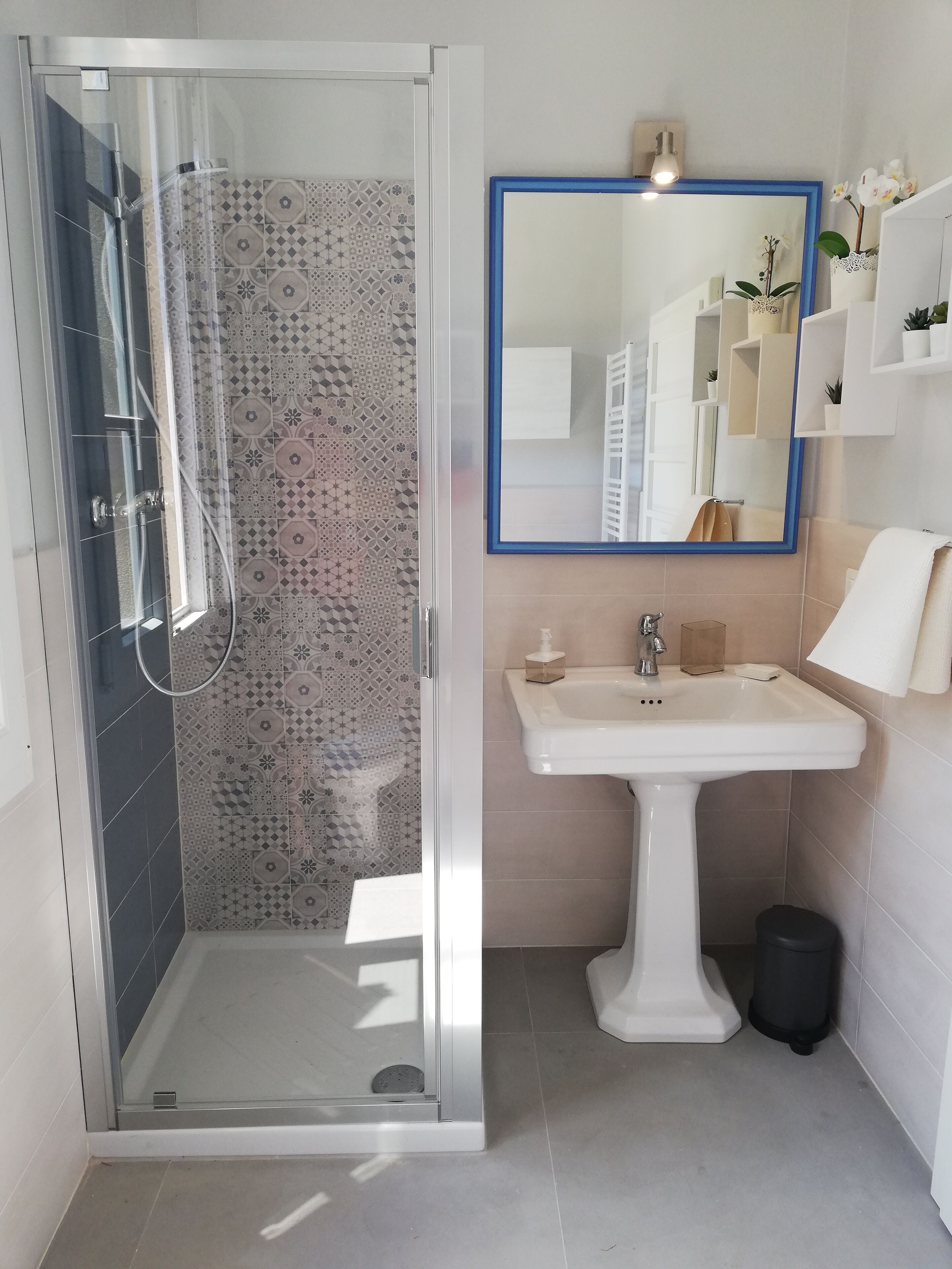 Shower, hair dryer, bidet, towels