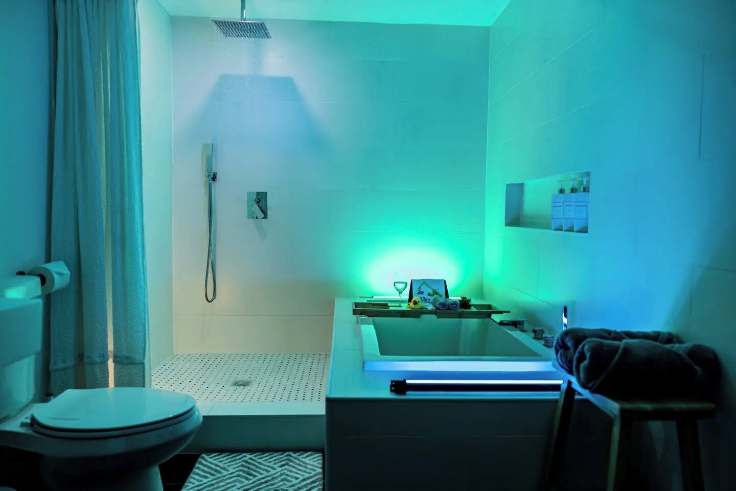 Shower, jetted bath, towels, soap