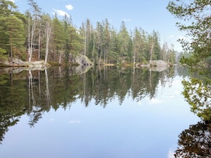 Ein ruhiger See, umgeben von dichtem Wald, mit deutlichen Spiegelungen.
