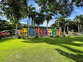 Um edifício colorido com várias portas e janelas, rodeado por um gramado bem cuidado e palmeiras.