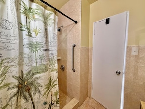 Hair dryer, towels, soap, toilet paper