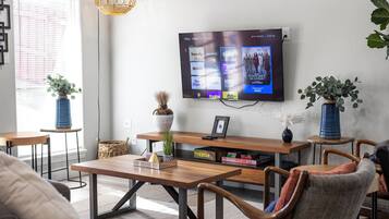 Smart TV, fireplace, books