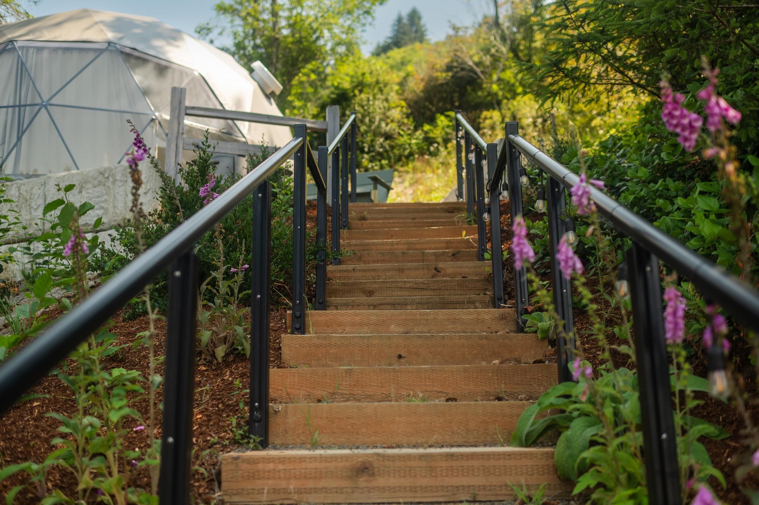 A wooden staircase with black railings leading to a covered structure.