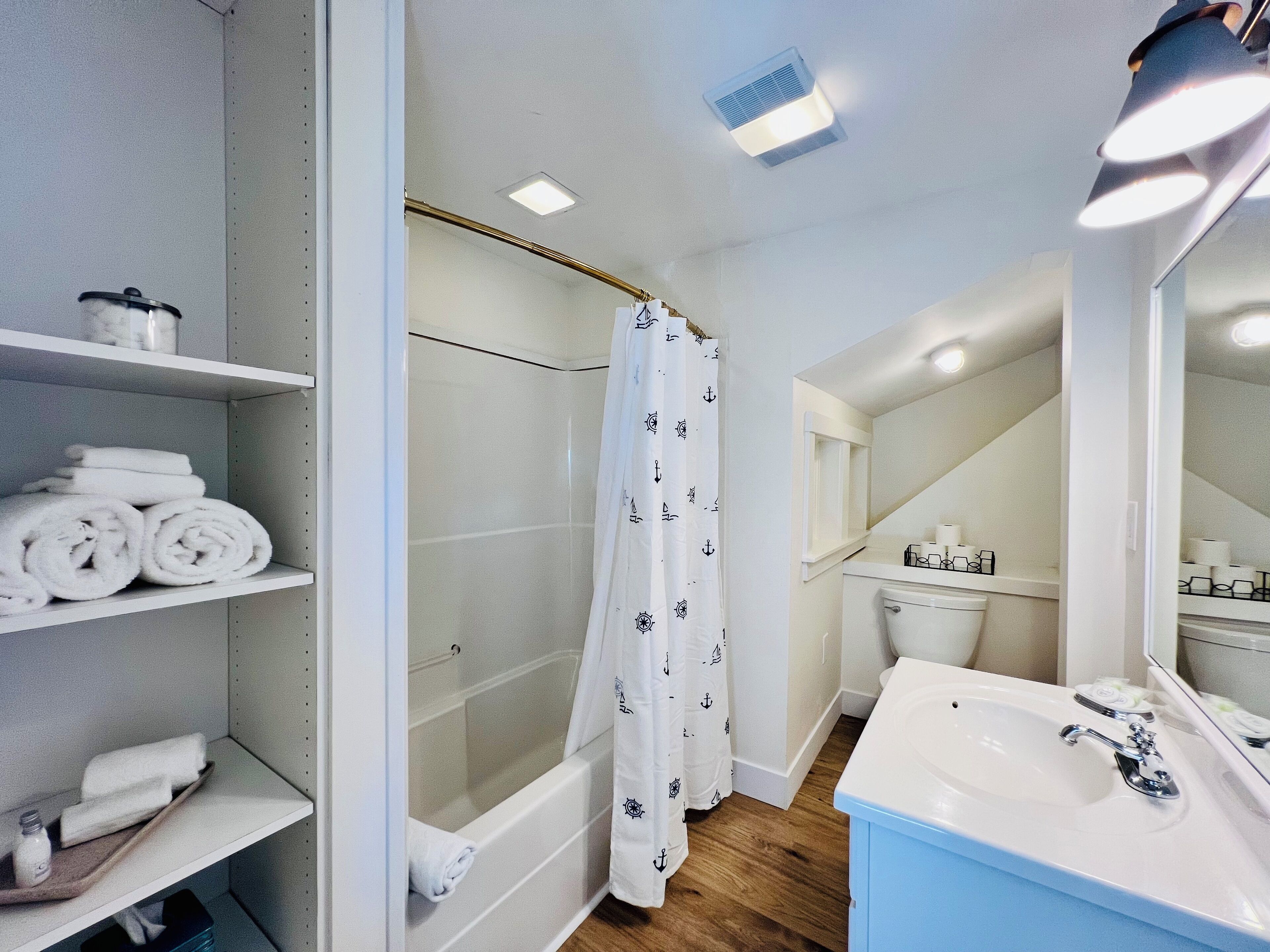 Hair dryer, towels, soap, shampoo
