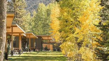 A lodge with a covered patio area, a grassy lawn, and a forested backdrop.