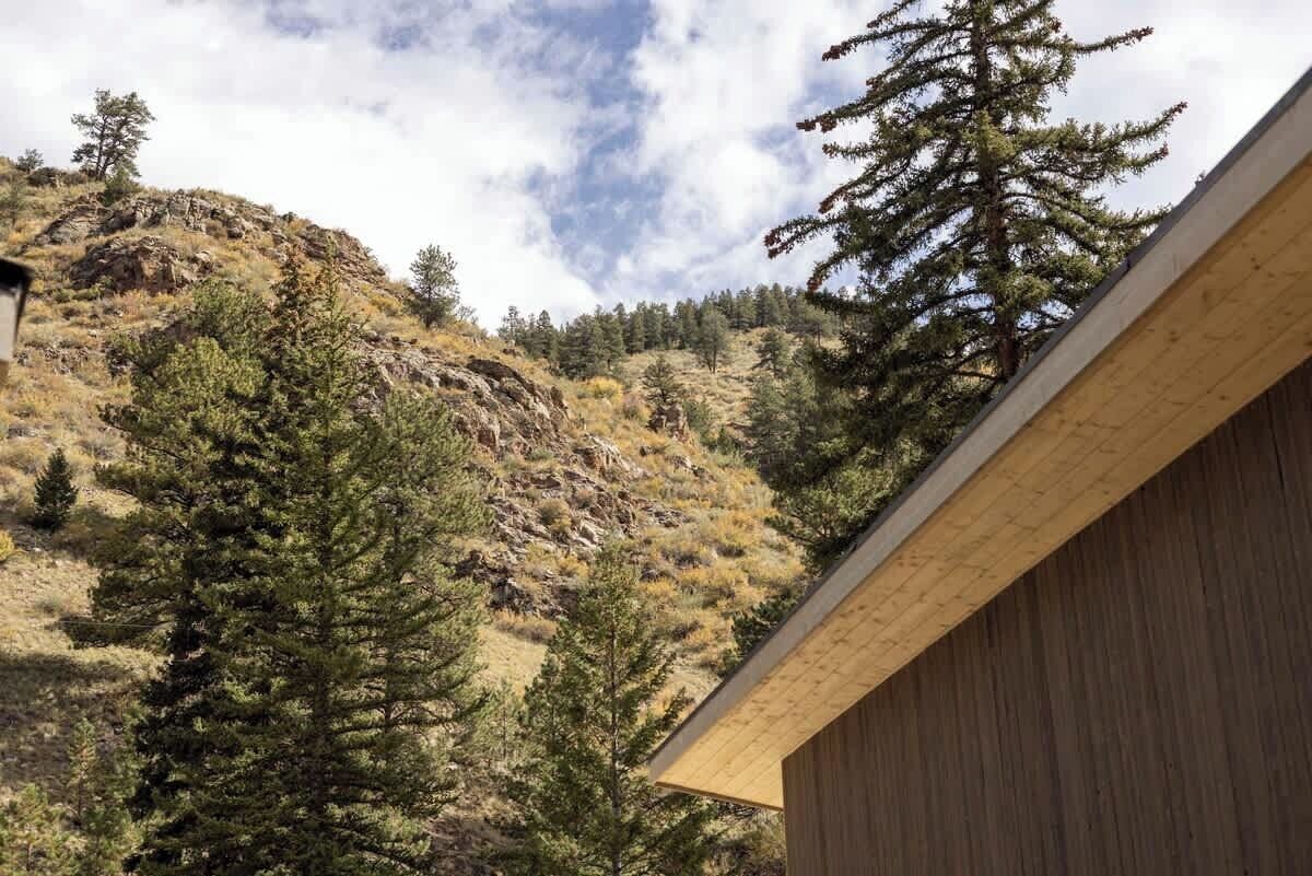 Un bâtiment doté d’un toit en pente, entouré d’arbres et situé dans un paysage vallonné.
