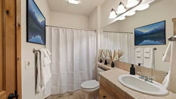 Shower, hair dryer, towels, shampoo