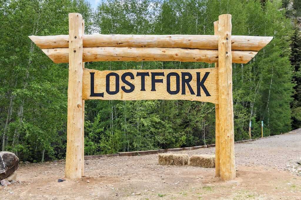 A wooden sign with the word 'LOSTFORK' in capital letters.