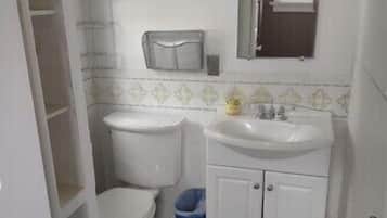 Chuveiro, secador de cabelo, toalhas de banho, sabonete