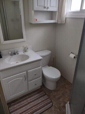 Chuveiro, secador de cabelo, toalhas de banho, sabonete