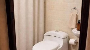 A bathroom with a toilet, sink, and shower area.