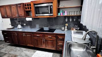 Microwave, coffee/tea maker, electric kettle, toaster