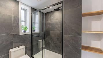 Shower, hair dryer, shampoo