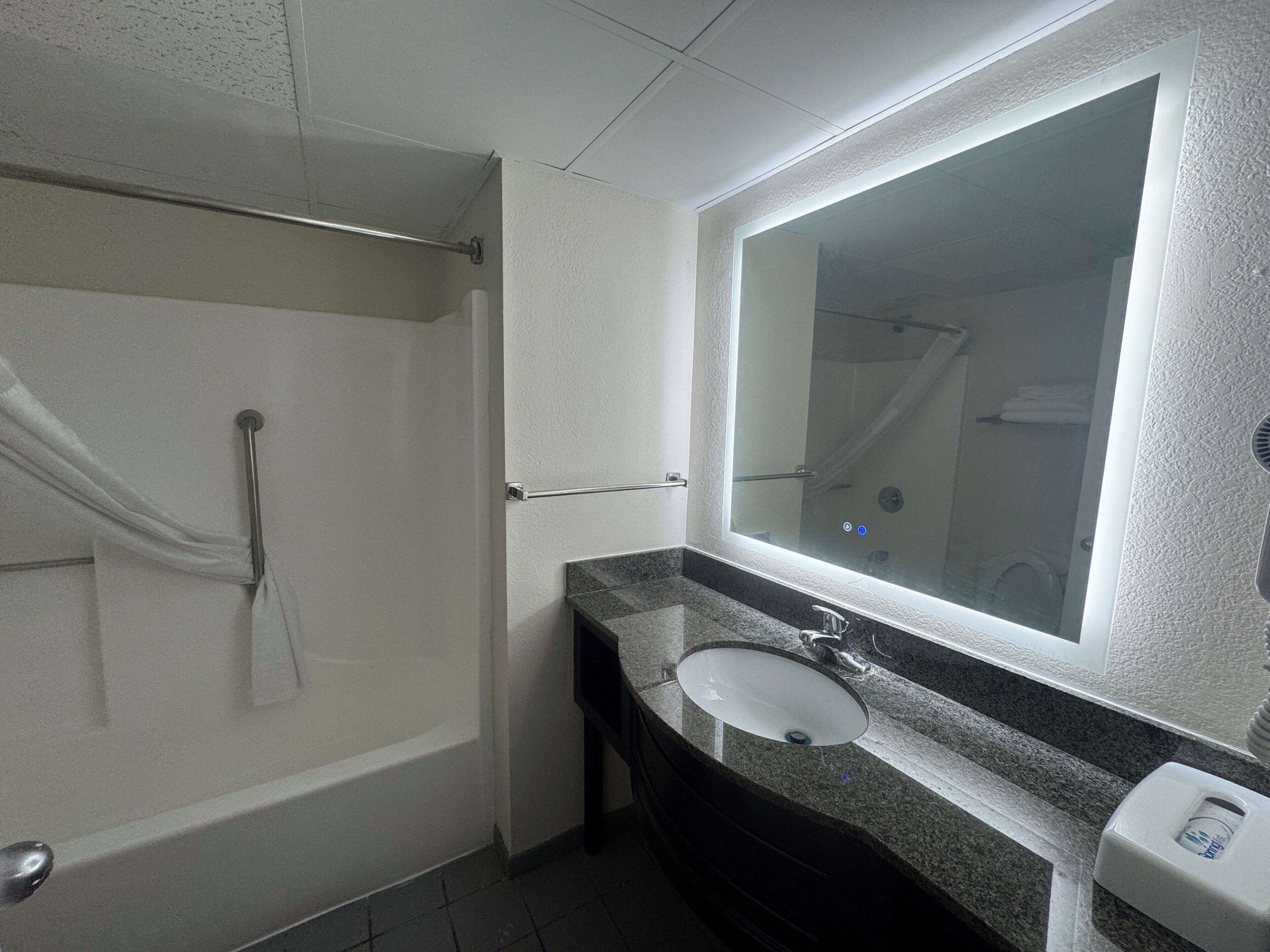 A bathroom with a shower, a sink, and a mirror.