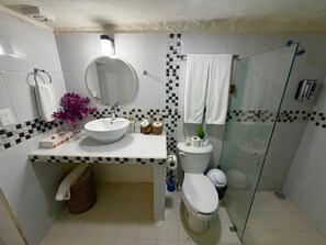 Regadera, toallas, jabón, papel de baño 