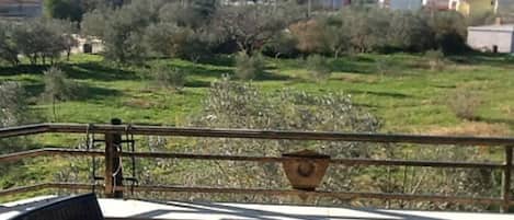 A balcony with a table set for dining, overlooking a green landscape with trees and buildings.