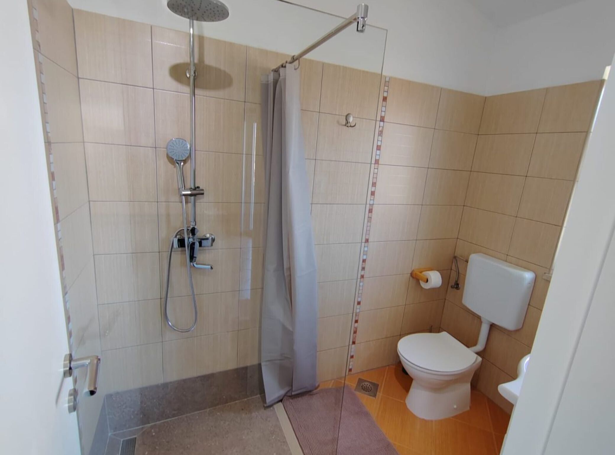 Une salle de bain avec une douche, des toilettes et un porte-serviettes.