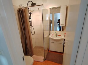 A bathroom with a glass shower enclosure, a white sink, and a mirror above it. - Apartments Lighthouse -(A4) - TwoBedroom Apartment with Sea View (Fazana)