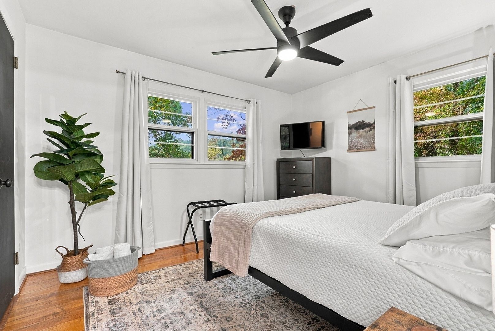 A bedroom with a bed, a ceiling fan, a TV, a plant, and a window with a view of trees.
