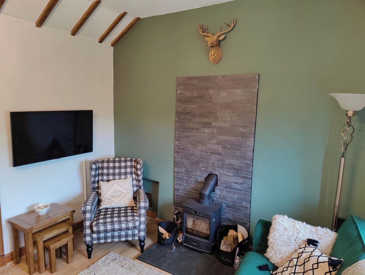 A living room with a fireplace, a television mounted on the wall, a plaid armchair, a green sofa, and a wooden coffee table.