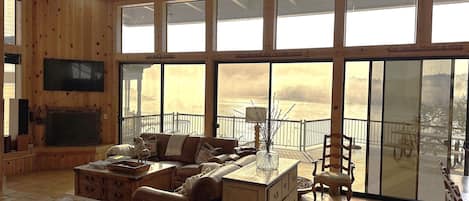 Smart TV, chimenea, reproductor de DVD y libros