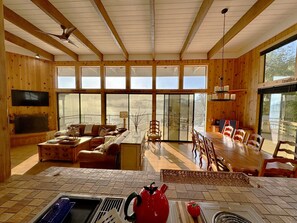 TV connectée, cheminée, lecteur de DVD, livres