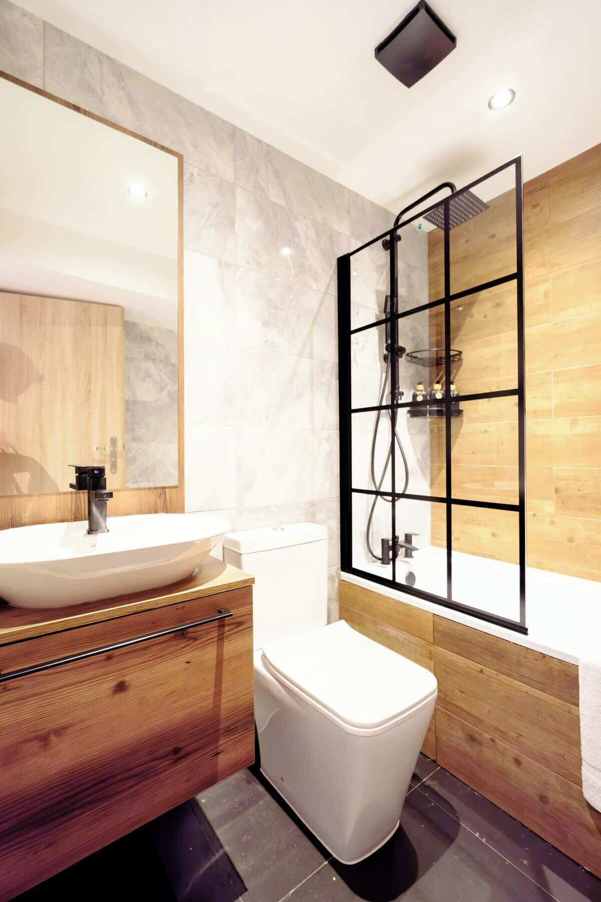 Shower, hair dryer, shampoo