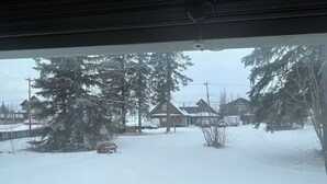 Ein verschneiter Wohnbereich mit Häusern, Bäumen und einer sichtbaren Garagentür.