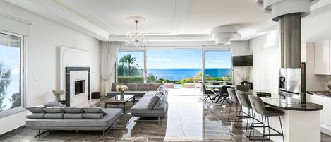 Télévision, cheminée, espaces bureaux, écrans d'ordinateur