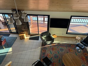 Smart TV, fireplace, books