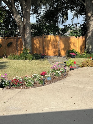 A residential garden with a wooden fence, flowering plants, and a paved driveway. - 150-Yards To Arnold Palmer’s Bay Hill Clubhouse! (Orlando)