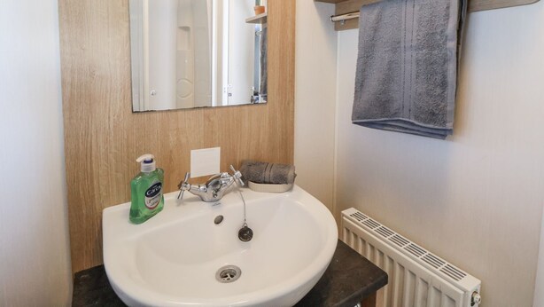 Ein Badezimmer mit einem weißen Waschbecken, einem Spiegel, einem Handtuchhalter, einer Heizung und einem Ablagefach für Toilettenartikel.