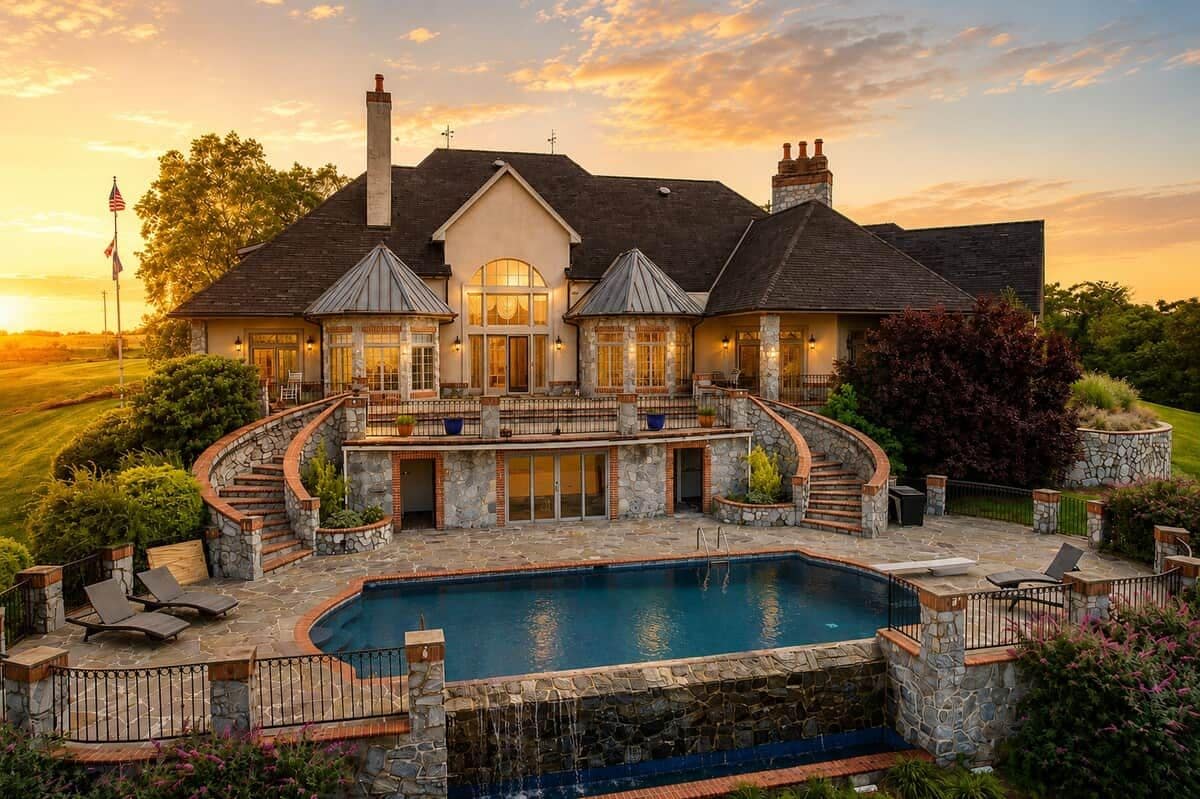 A large house with a swimming pool, stone exterior, and a flag.