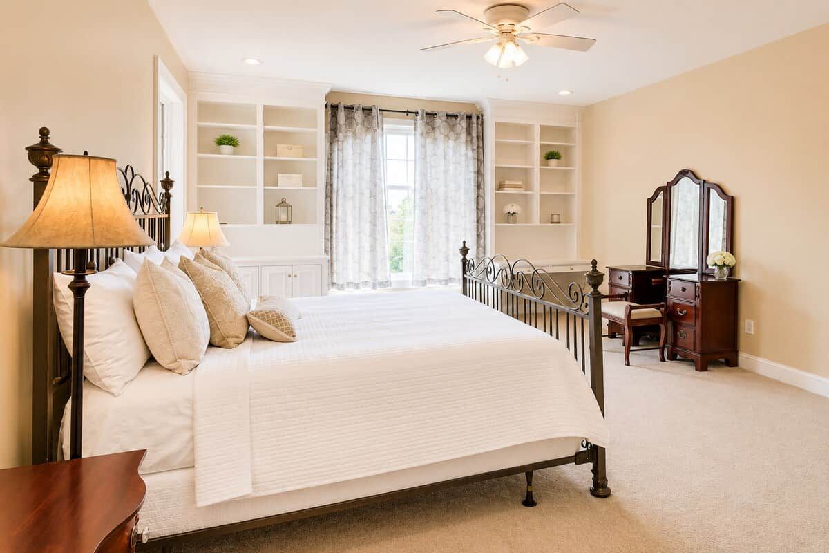 A bedroom with a bed, bedside lamps, a dresser, a mirror, and built-in shelving.