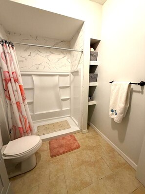 Shower, hair dryer, bidet, towels